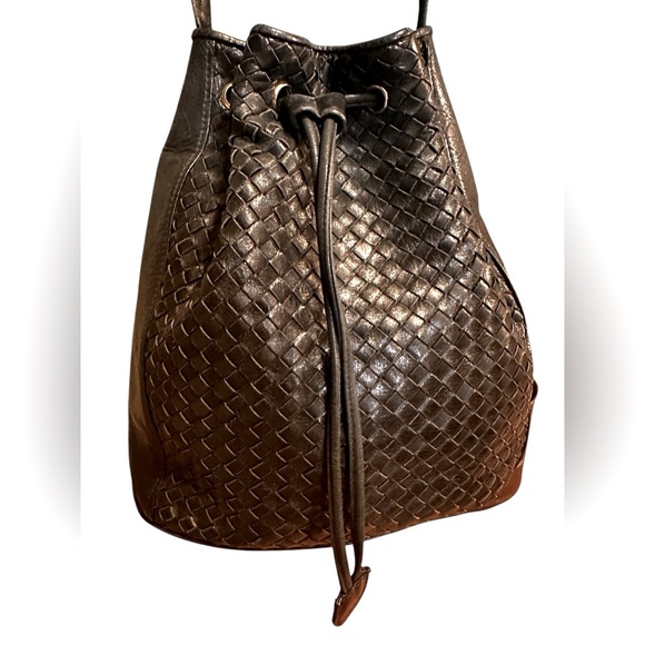 Vintage Ganson Small Cinch Bucket Black Leather Weaved Crossbody/Shoulder Bag - Picture 1 of 10